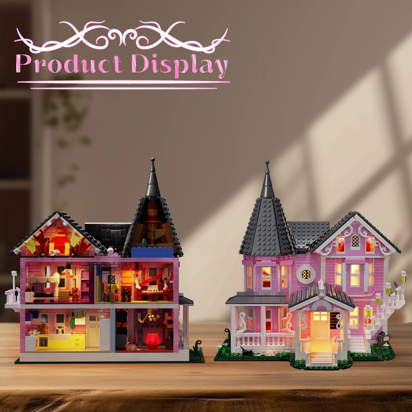 Pink Palace Haunted House building block set with lights, 1349 pieces for kids